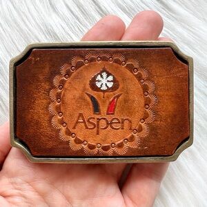 VINTAGE Aspen Colorado Brass & Leather Tooled Souvenir Unisex Belt Buckle